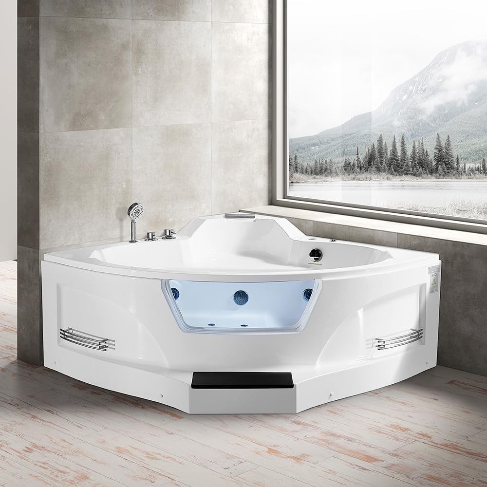 ARIEL 61" Trapezoid Whirlpool Bathtub with 14 Hydro Jets, Two-Person Corner Tub with Water and Air Bubble Jets, Pneumatic Controls, Anti-Scald Faucet, Waterfall & Chrome Fixtures - Image 8