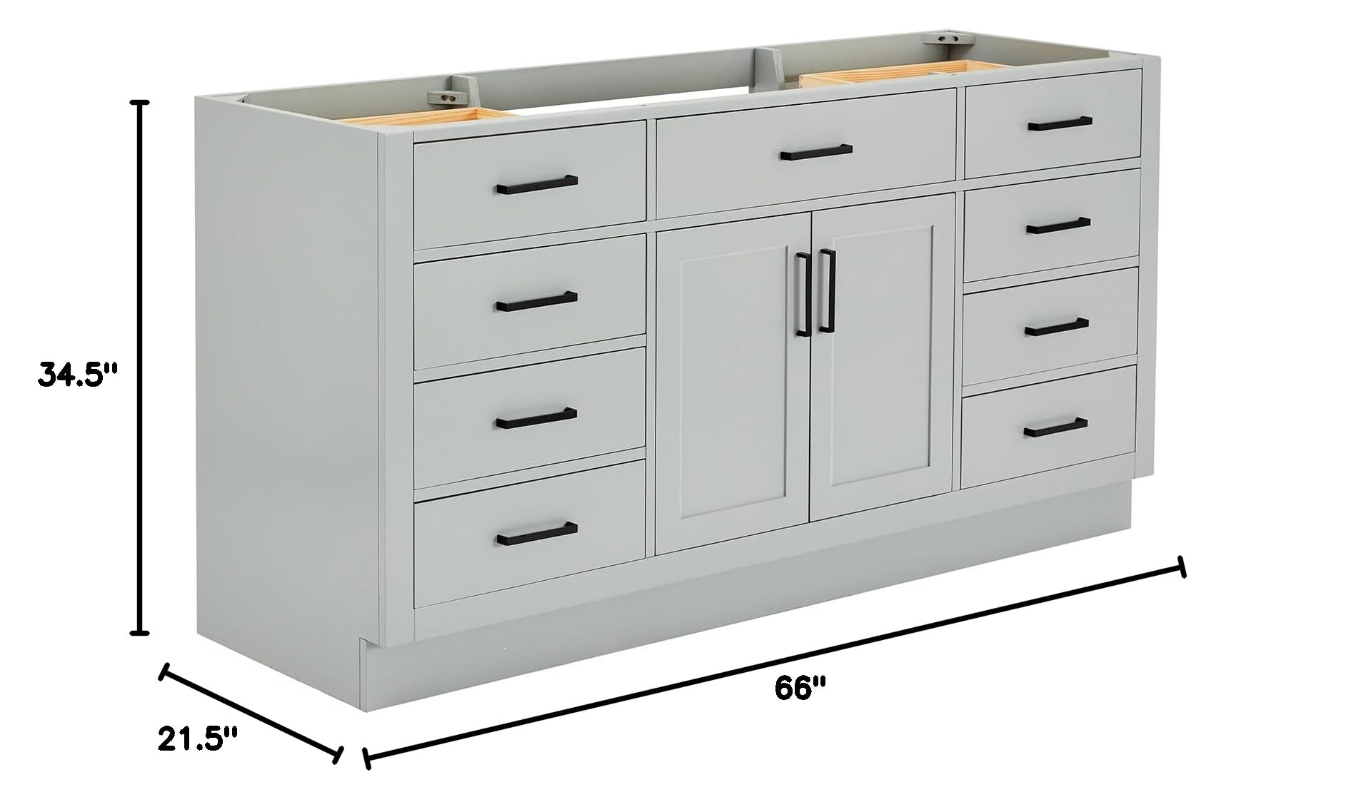 ARIEL Bathroom Vanity Base Cabinet 66" Inch in Grey, Single Sink Configuration 2 Soft Closing Doors, 9 Full Extension Dovetail Drawers, Toe Kick, Matte Black - Image 3