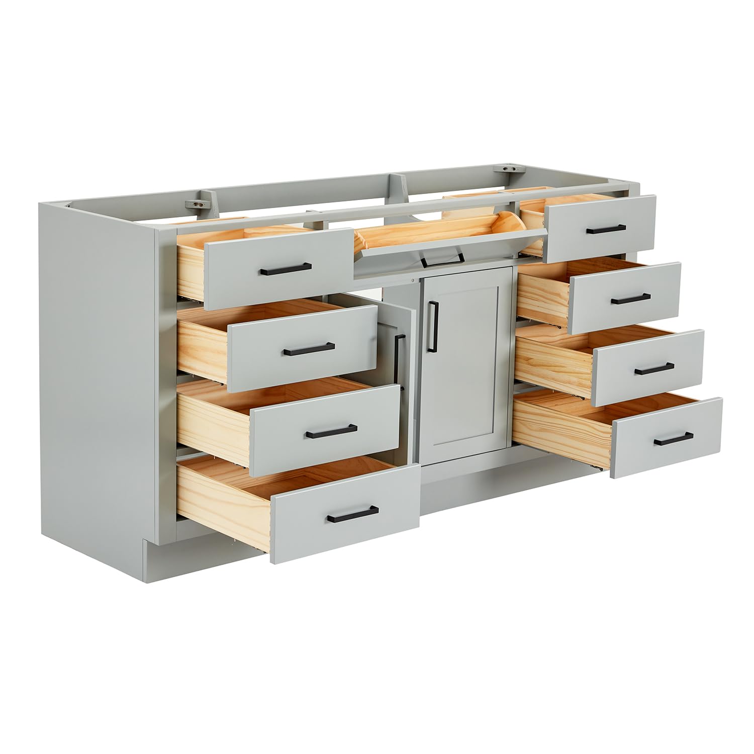 ARIEL Bathroom Vanity Base Cabinet 66" Inch in Grey, Single Sink Configuration 2 Soft Closing Doors, 9 Full Extension Dovetail Drawers, Toe Kick, Matte Black - Image 6