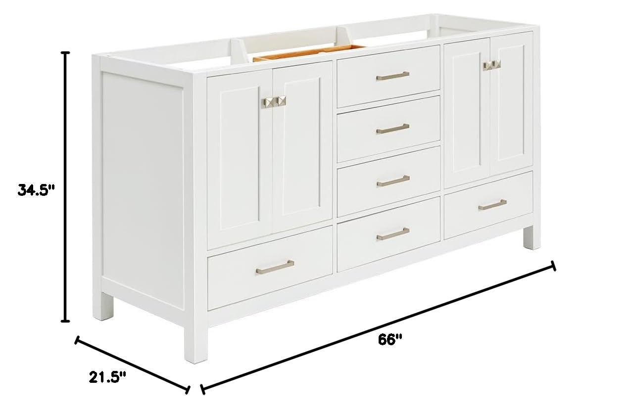ARIEL Bathroom Vanity Base Cabinet 66" Inch in White, Dual Sink Configuration, 4 Soft Closing Doors, 6 Full Extension Dovetail Drawers, Brushed Nickel - Image 3