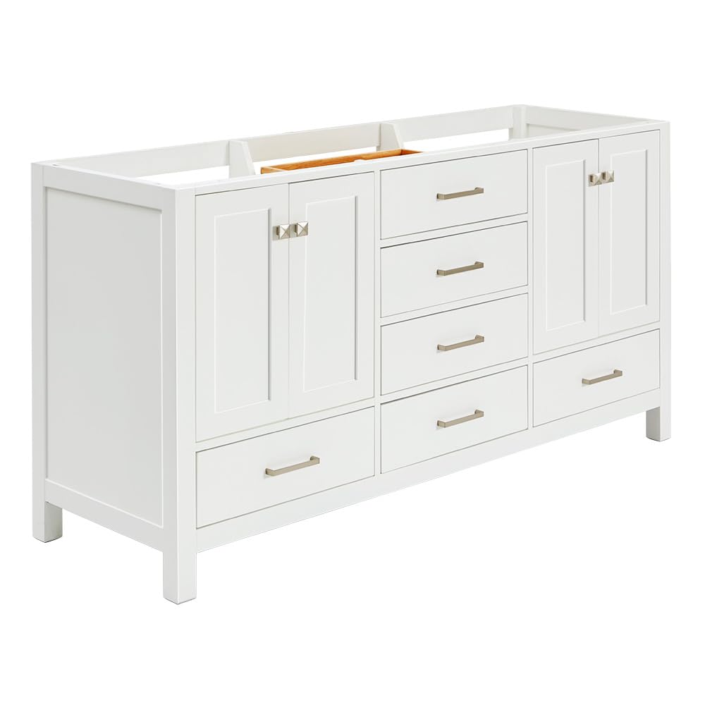 ARIEL Bathroom Vanity Base Cabinet 66" Inch in White, Dual Sink Configuration, 4 Soft Closing Doors, 6 Full Extension Dovetail Drawers, Brushed Nickel - Image 4