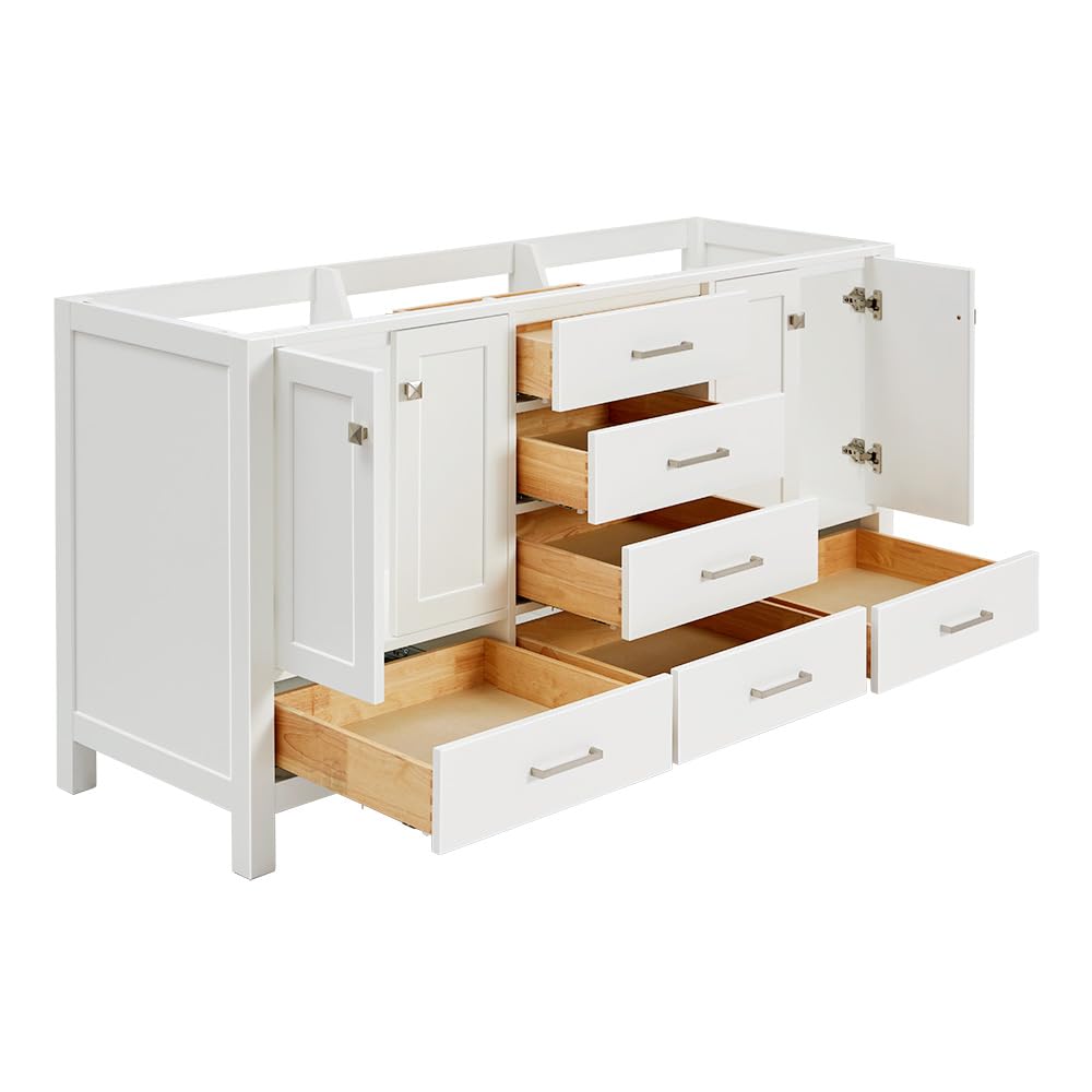 ARIEL Bathroom Vanity Base Cabinet 66" Inch in White, Dual Sink Configuration, 4 Soft Closing Doors, 6 Full Extension Dovetail Drawers, Brushed Nickel - Image 6