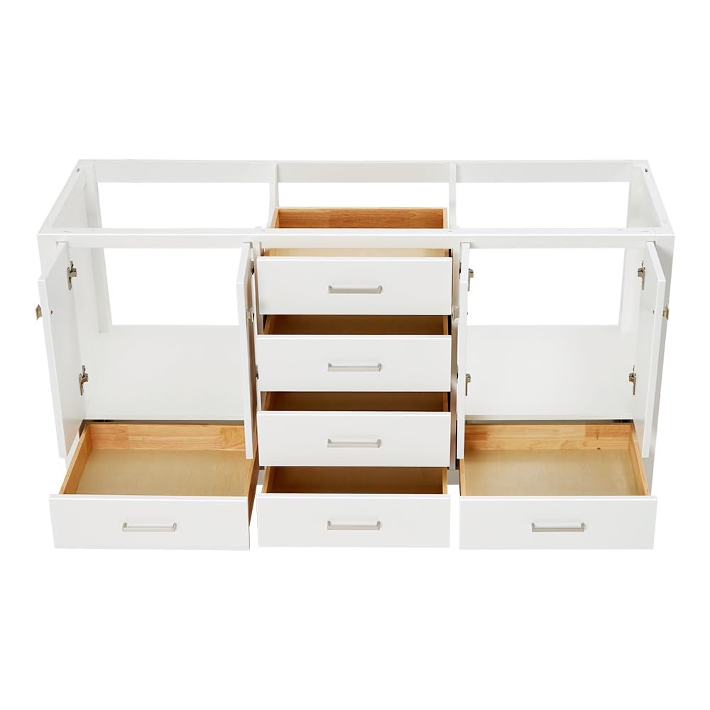 ARIEL Bathroom Vanity Base Cabinet 66" Inch in White, Dual Sink Configuration, 4 Soft Closing Doors, 6 Full Extension Dovetail Drawers, Brushed Nickel - Image 7