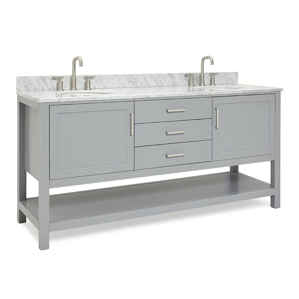 ARIEL Bayhill 72-inch Bathroom Vanity with Sink,Solid Wood, 0.75-inch Italian Carrara Marble Countertop & Backsplash, Double Oval Porcelain Sink, 2 Soft Closing Doors, 3 Dovetail Drawers, Grey - Image 8