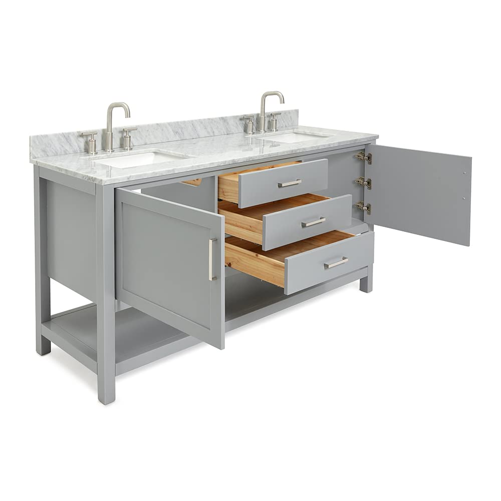 ARIEL Bayhill 72-inch Bathroom Vanity with Sink,Solid Wood, 0.75-inch Italian Carrara Marble Countertop, Double Rectangular Porcelain Sink, 2 Soft Closing Doors, 3 Dovetail Drawers, Grey - Image 4