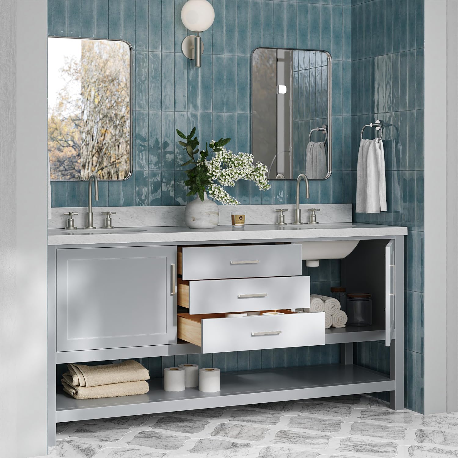 ARIEL Bayhill 72-inch Bathroom Vanity with Sink,Solid Wood, 1.5-inch Italian Carrara Marble Countertop & Backsplash, Double Oval Porcelain Sink, 2 Soft Closing Doors, 3 Dovetail Drawers, Grey - Image 3