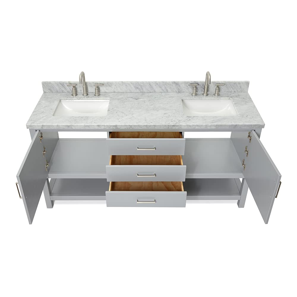ARIEL Bayhill 72-inch Bathroom Vanity with Sink,Solid Wood, 1.5-inch Italian Carrara Marble Countertop, Double Rectangular Porcelain Sink, 2 Soft Closing Doors, 3 Dovetail Drawers, Grey - Image 11