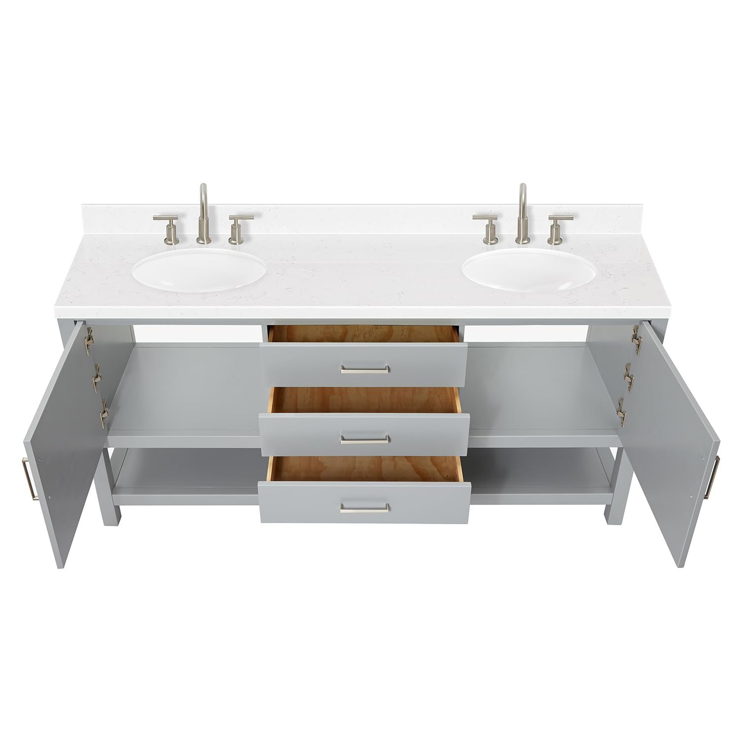 ARIEL Bayhill 72-inch Bathroom Vanity with Sink,Solid Wood, 1.5-inch Carrara White Quartz Countertop & Backsplash, Double Oval Porcelain Sink, 2 Soft Closing Doors, 3 Dovetail Drawers, Grey - Image 4