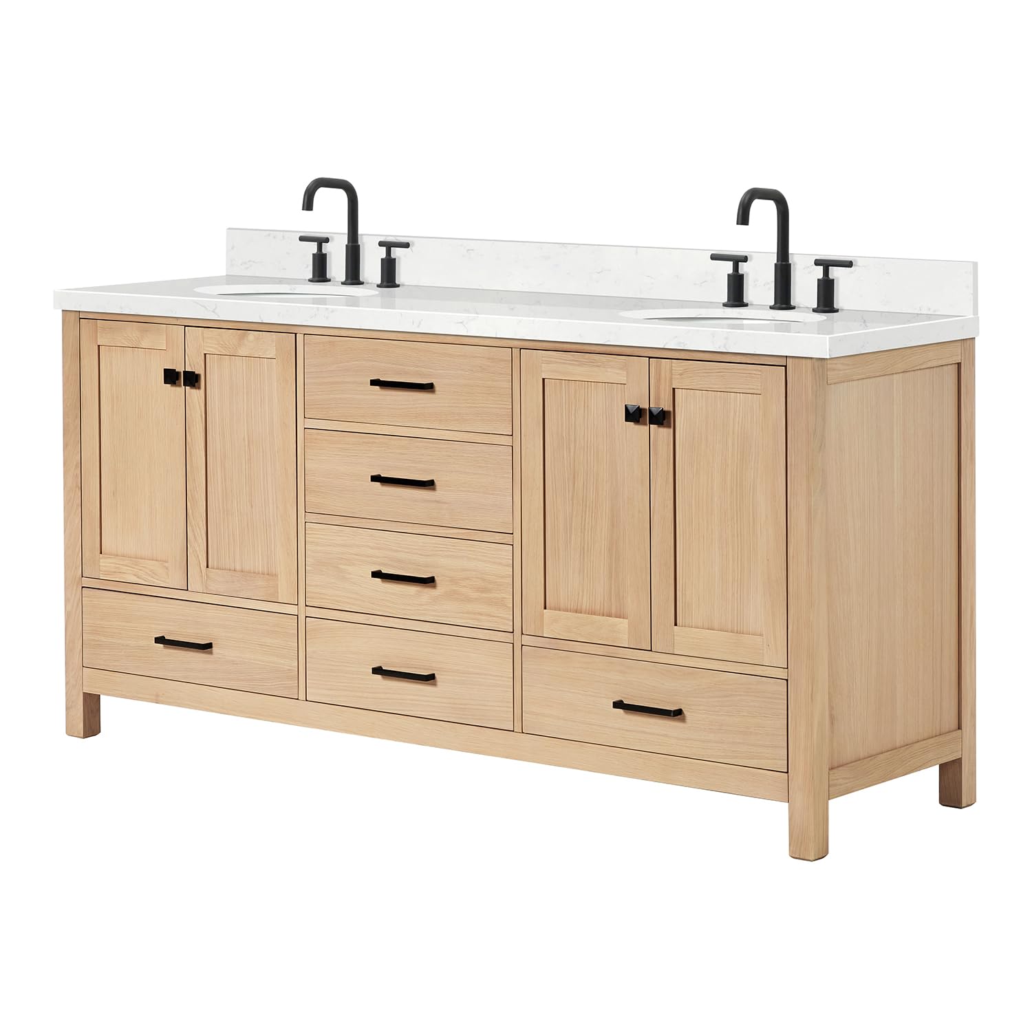 ARIEL Cambridge 72-inch Bathroom Vanity with Sink,Solid Wood, 1.5-inch Carrara White Quartz Countertop & Backsplash, Double Oval Porcelain Sink, 4 Soft Closing Doors, 6 Dovetail Drawers, White Oak - Image 8