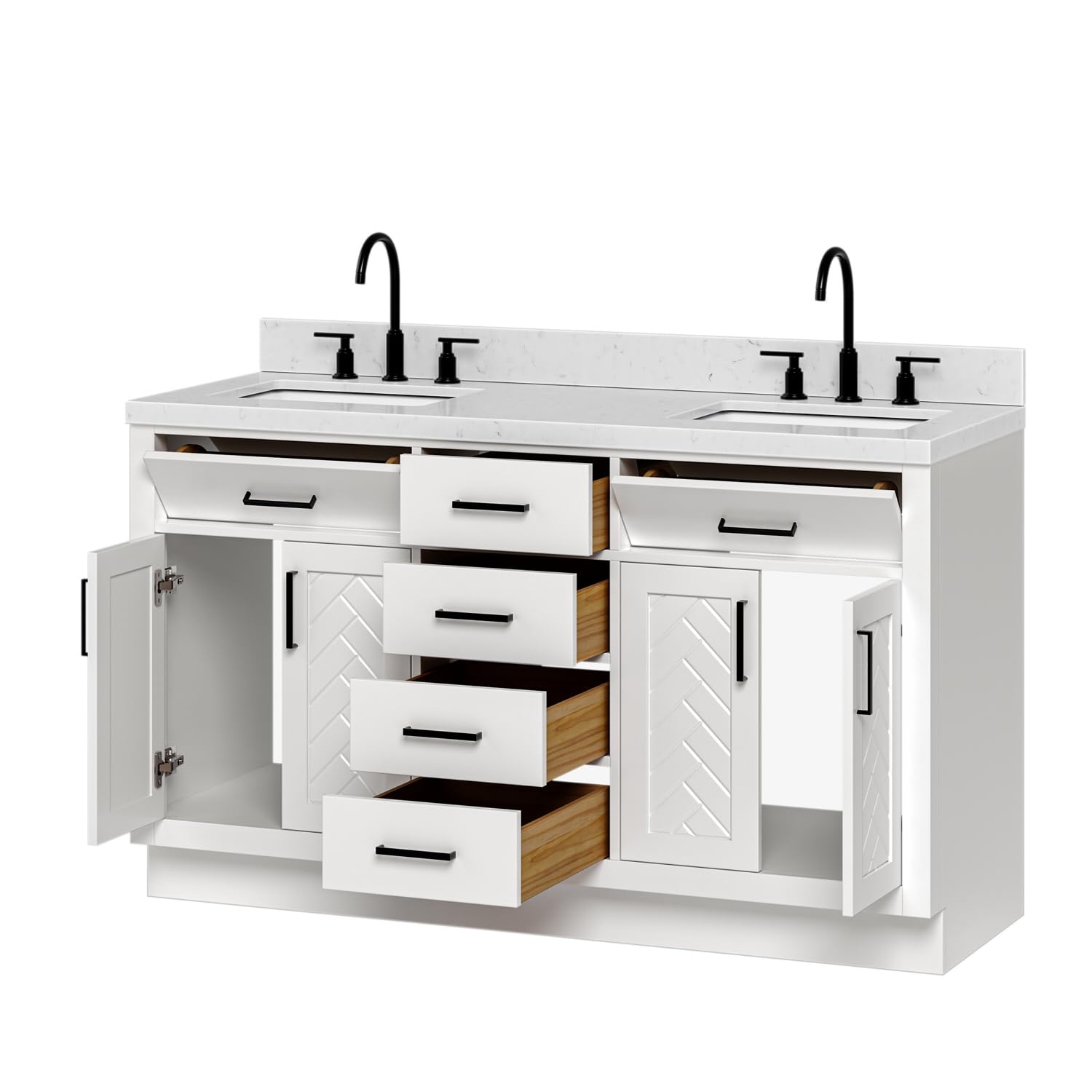 ARIEL Chevron 60-inch Bathroom Vanity with Sink,Solid Wood, 1.5-inch Carrara White Quartz Countertop & Backsplash, Double Rectangular Porcelain Sink, 4 Soft Closing Doors, 6 Dovetail Drawers, White - Image 5
