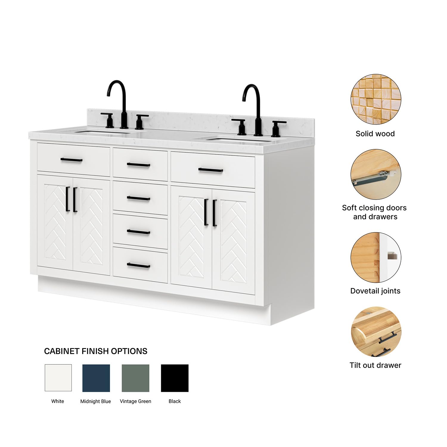 ARIEL Chevron 60-inch Bathroom Vanity with Sink,Solid Wood, 1.5-inch Carrara White Quartz Countertop & Backsplash, Double Rectangular Porcelain Sink, 4 Soft Closing Doors, 6 Dovetail Drawers, White - Image 6