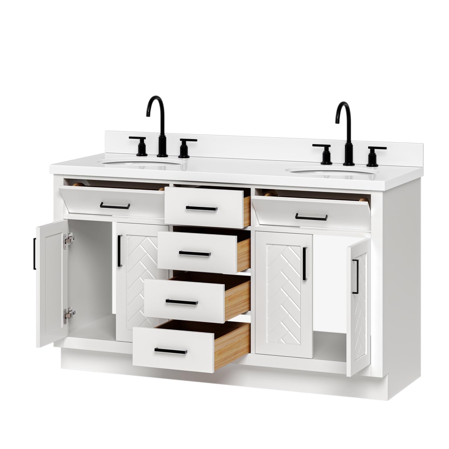 ARIEL Chevron 60-inch Bathroom Vanity with Sink,Solid Wood, 1.5-inch Pure White Quartz Countertop & Backsplash, Double Oval Porcelain Sink, 4 Soft Closing Doors, 6 Dovetail Drawers, White - Image 5