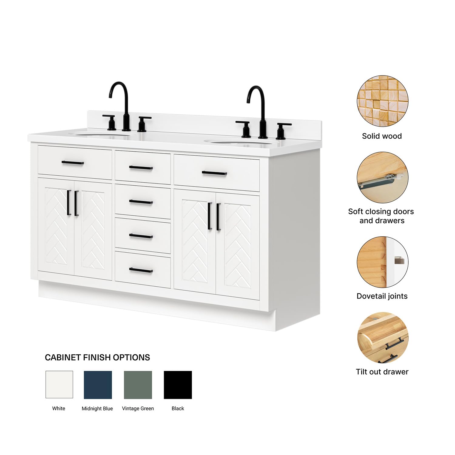 ARIEL Chevron 60-inch Bathroom Vanity with Sink,Solid Wood, 1.5-inch Pure White Quartz Countertop & Backsplash, Double Oval Porcelain Sink, 4 Soft Closing Doors, 6 Dovetail Drawers, White - Image 6
