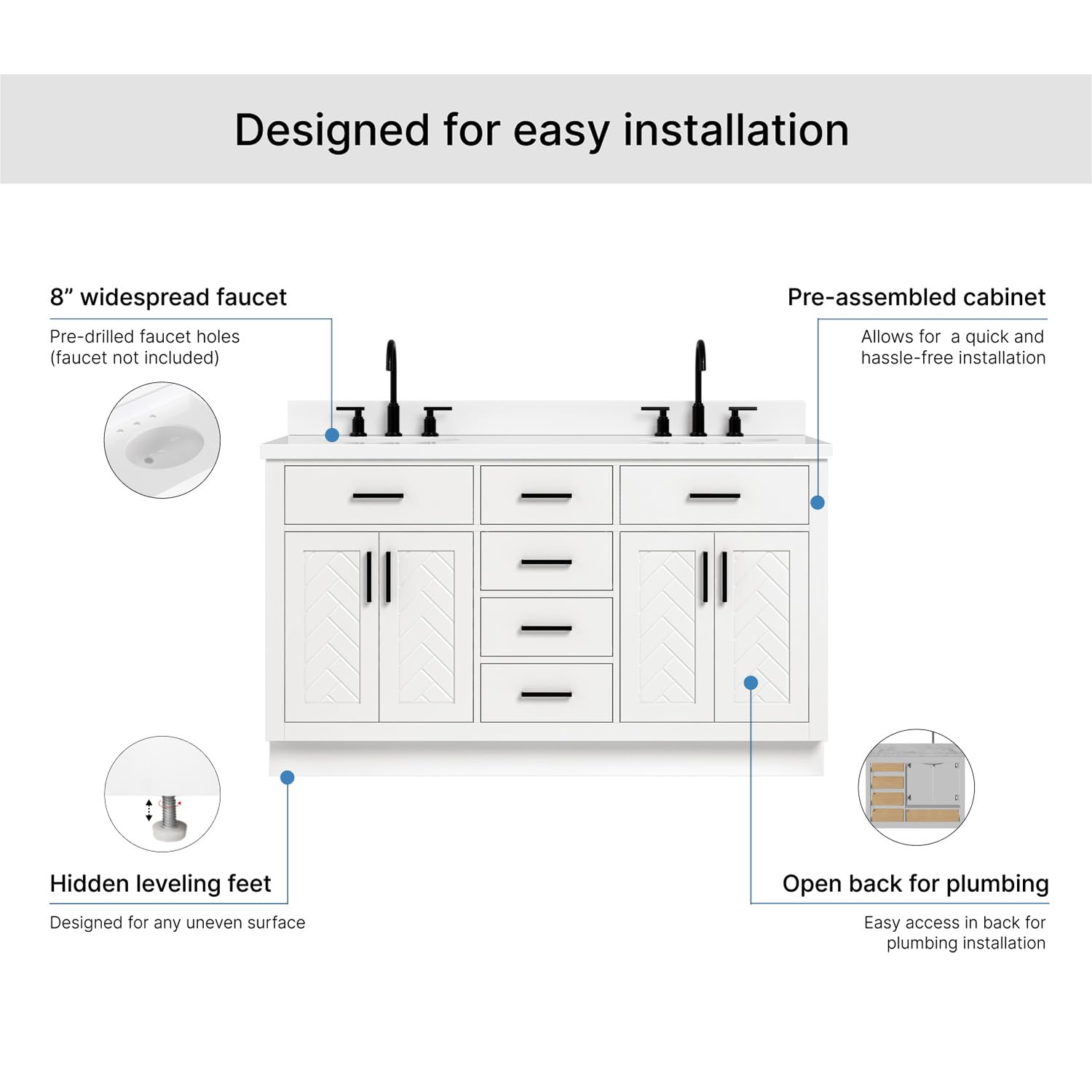 ARIEL Chevron 60-inch Bathroom Vanity with Sink,Solid Wood, 1.5-inch Pure White Quartz Countertop & Backsplash, Double Oval Porcelain Sink, 4 Soft Closing Doors, 6 Dovetail Drawers, White - Image 7