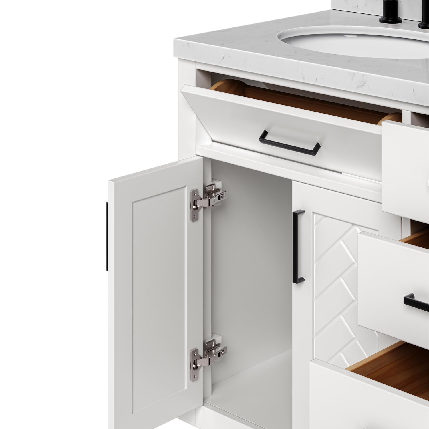 ARIEL Chevron 60-inch Bathroom Vanity with Sink,Solid Wood, 1.5-inch Carrara White Quartz Countertop & Backsplash, Double Oval Porcelain Sink, 4 Soft Closing Doors, 6 Dovetail Drawers, White - Image 4