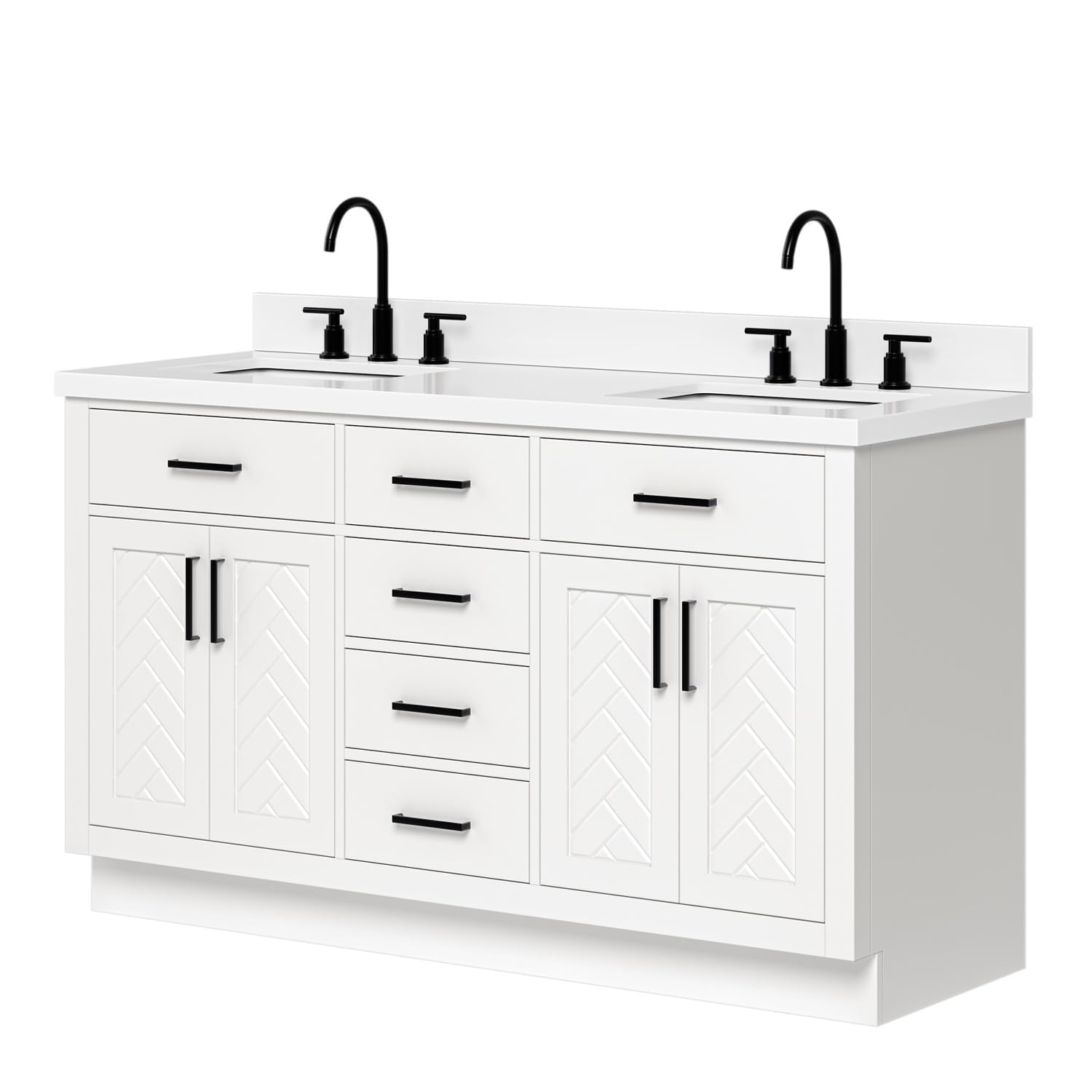 ARIEL Chevron 60-inch Bathroom Vanity with Sink,Solid Wood, 1.5-inch Pure White Quartz Countertop & Backsplash, Double Rectangular Porcelain Sink, 4 Soft Closing Doors, 6 Dovetail Drawers, White - Image 3