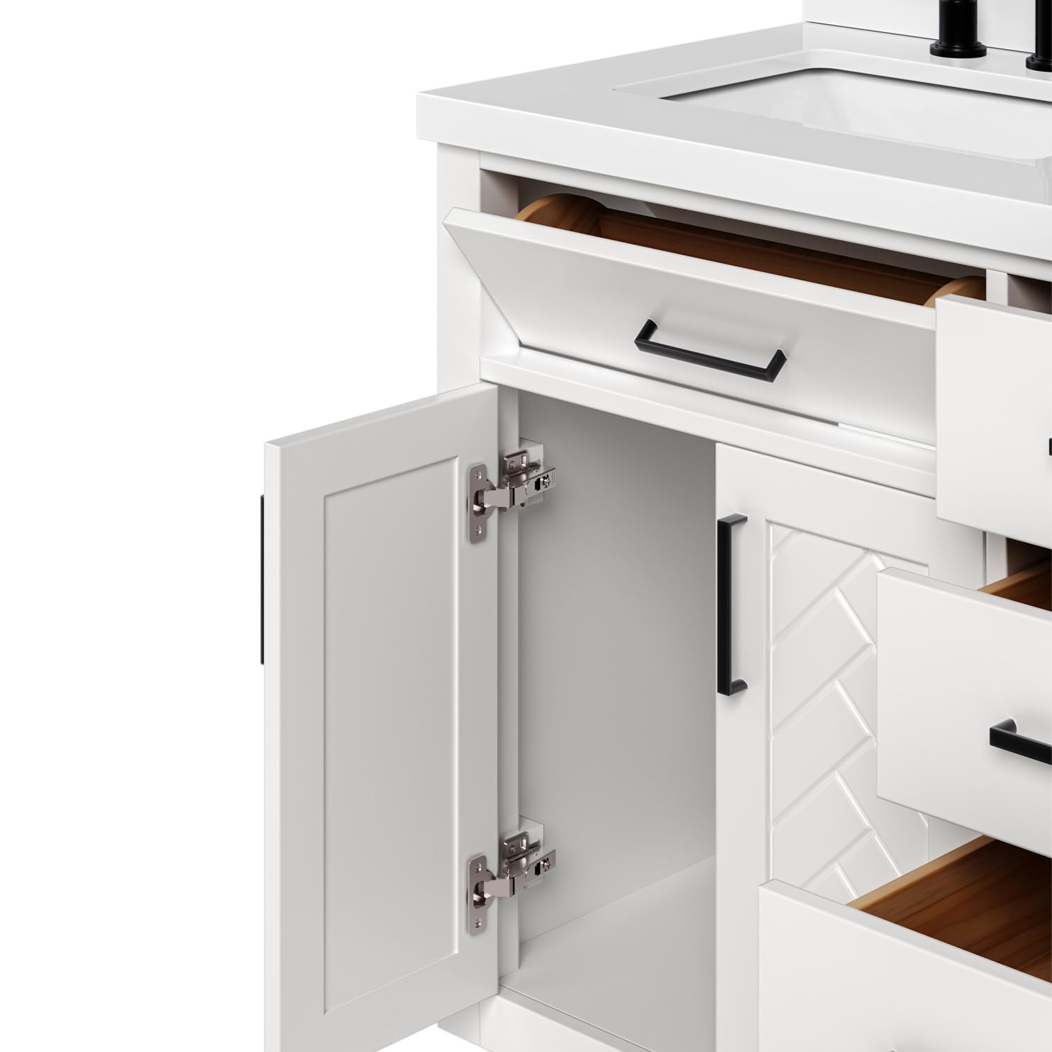 ARIEL Chevron 60-inch Bathroom Vanity with Sink,Solid Wood, 1.5-inch Pure White Quartz Countertop & Backsplash, Double Rectangular Porcelain Sink, 4 Soft Closing Doors, 6 Dovetail Drawers, White - Image 4