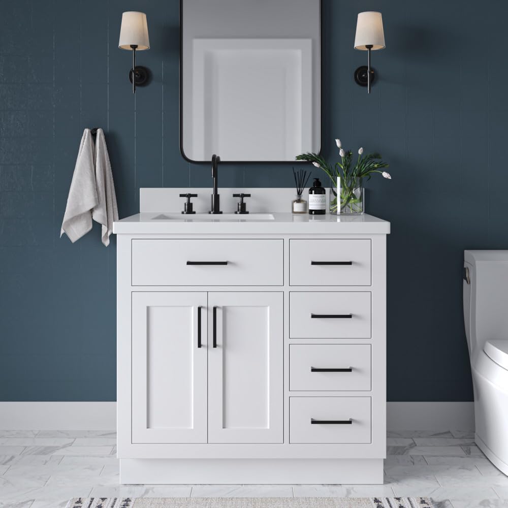 ARIEL Hepburn 36-inch Bathroom Vanity with Sink,Solid Wood, 1.5-inch Pure White Quartz Countertop & Backsplash, Single Rectangular Porcelain Sink, 2 Soft Closing Doors, 5 Dovetail Drawers, White - Image 4