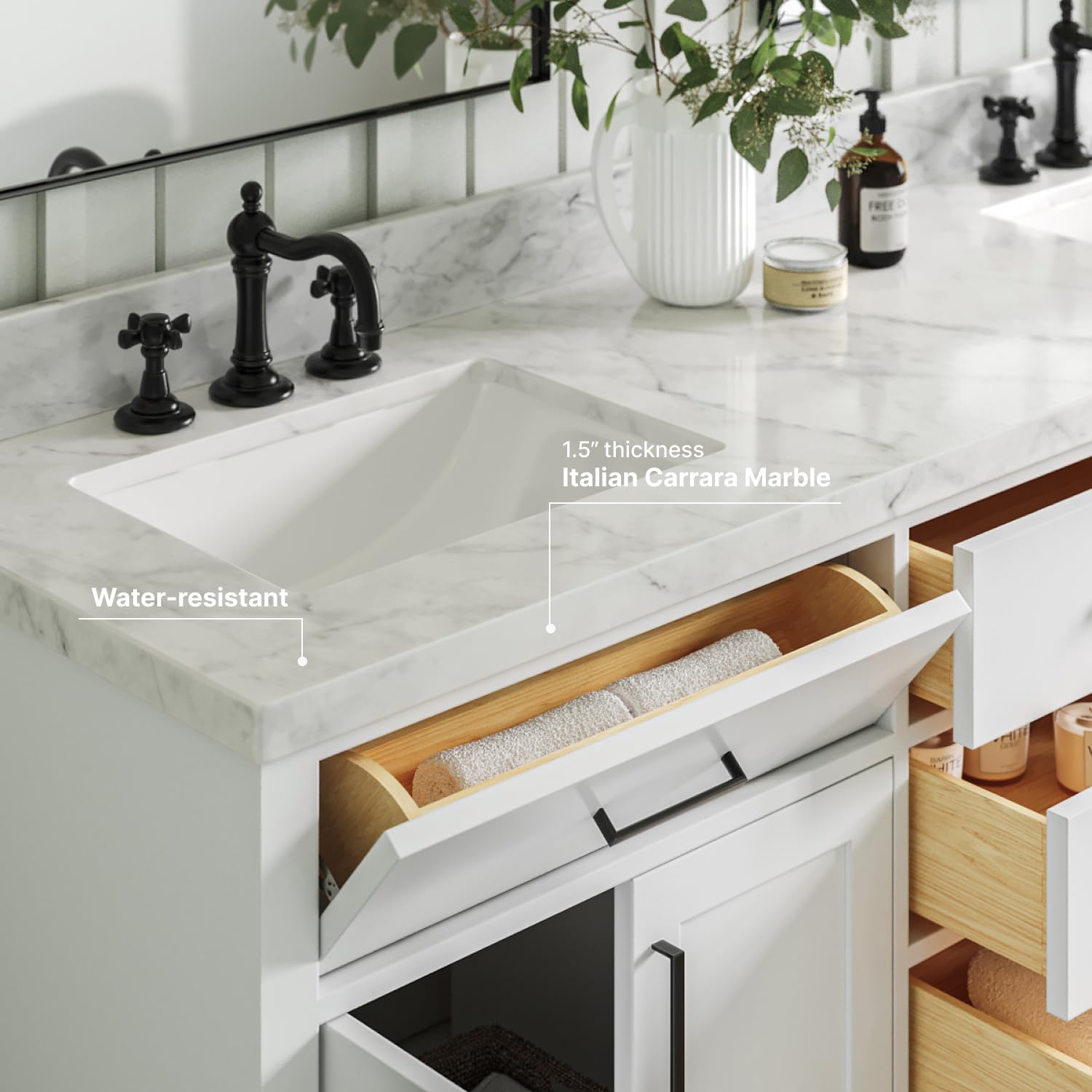 ARIEL Hepburn 72-inch Bathroom Vanity with Sink,Solid Wood, 1.5-inch Italian Carrara Marble Countertop, Double Rectangular Porcelain Sink, 4 Soft Closing Doors, 6 Dovetail Drawers, White - Image 4