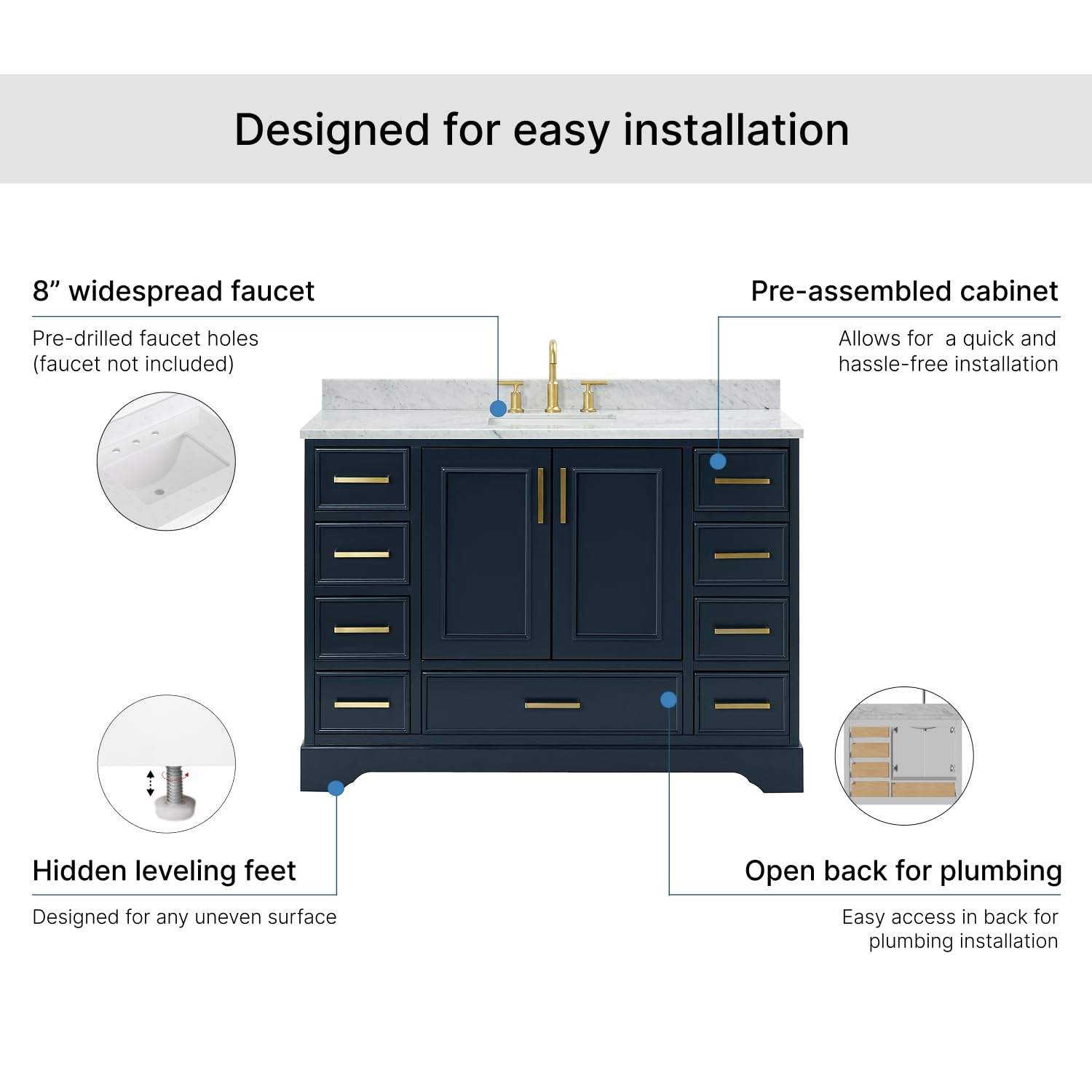 ARIEL Stafford 48-inch Bathroom Vanity with Sink,Solid Wood, 0.75-inch Italian Carrara Marble Countertop, Single Rectangular Porcelain Sink, 2 Soft Closing Doors, 9 Dovetail Drawers, Midnight Blue - Image 7
