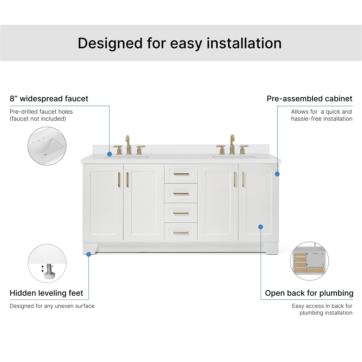 ARIEL Taylor 72-inch Bathroom Vanity with Sink,Solid Wood, 1.5-inch Pure White Quartz Countertop & Backsplash, Double Rectangular Porcelain Sink, 4 Soft Closing Doors, 6 Dovetail Drawers, White - Image 7
